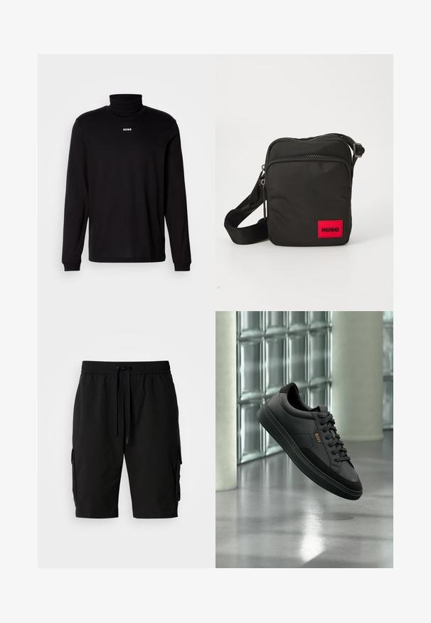 Zwarte turtleneckshirt met lange mouwen, gemaakt van soepel materiaal, met een witte "HUGO" logo op de borst, en met aansluitende manchetten en zoom.; Zwarte cargoshorts gemaakt van lichtgewicht stof, met een elastische tailleband, een trekkoord en zijvakken voor extra opbergruimte.; Zwarte leren lage sneaker met zwarte veters en gouden "BOSS"-logo, zwevend in de lucht tegen een glasblokmuur en grijze vloer.; Zwarte nylon schoudertas met een rood rechthoekig logo-embleem, ritssluitingen, verstelbare band en een gestructureerd oppervlak.