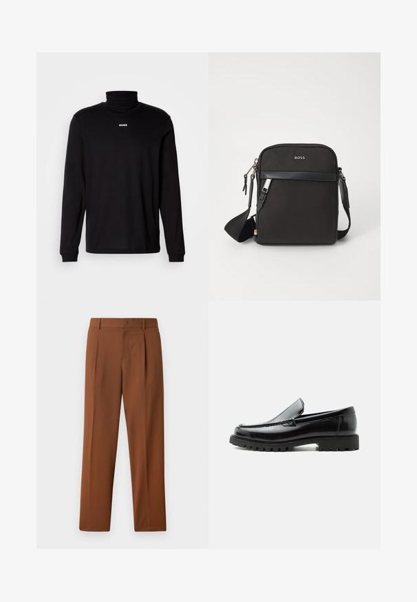 Sort langærmet turtleneck skjorte lavet af glat stof, med et hvidt "HUGO" logo på brystet, samt tætsiddende manchetter og kant.; Brune bukser med en glat, mat tekstur, der har en folder foran og lige ben. Lavet af letvægts, åndbart stof.; Sort læderloafer med chunky gummisål, syet overdel og præget mærkenavn på hælen, vist i sideprofil på hvid baggrund.; Sort crossbody taske med et struktureret stof, logo på fronten, lynlås lukning og justerbar rem. Har en glat læderkant.
