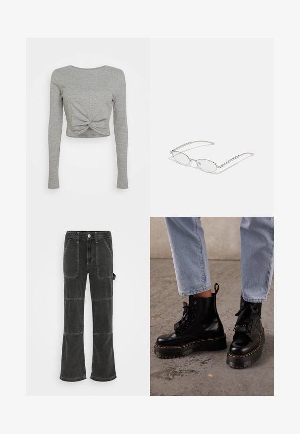 Noisy May DRAKEY TWIGGIL/S NOOS - Μπλούζα με μακριά μανίκια - light grey melange; BDG Urban Outfitters UTILITY SKATE - Τζιν χαλαρής εφαρμογής - washed black; Άτομο που φοράει ανοιχτό μπλε τζιν και μαύρα δερμάτινα πλατφόρμα μποτάκια με κίτρινα ραφές σε τσιμεντένιο πάτωμα.; Οβάλ γυαλιά με μεταλλικό ασημί σκελετό, διαφανείς φακούς και ανάγλυφες περλίτσες στις βραχίονες. Ελαφριά σχεδίαση με καμπύλα άκρα.