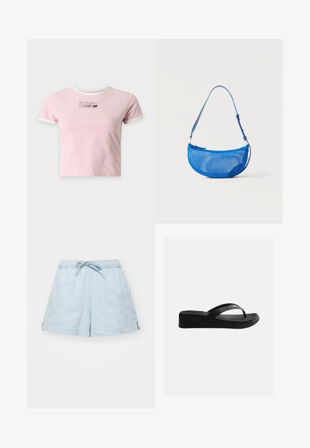 Crop top sportif rose clair New Balance avec bordure blanche sur le col et les manches, avec un petit logo imprimé sur la poitrine.; Shorts légers de couleur bleu clair avec une taille élastique et un cordon de serrage. Dotés de poches latérales et d'une coupe décontractée, fabriqués en tissu doux.; Sandale tongs compensée noire avec semelle texturée et fines lanières arborant un logo discret sur un fond blanc uni.; Sac à bandoulière bleu en mesh avec sangle réglable et fermeture éclair, présenté sur un fond blanc uni.