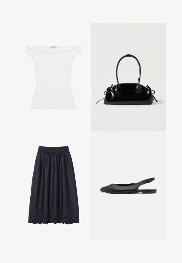 Haut blanc décolleté en tissu lisse, silhouette ajustée et encolure ronde. L'étiquette en haut au centre indique "ANNA FIELD."; Jupe noire mi-longue avec taille élastique et broderie florale ajourée le long de l'ourlet.; Chaussure à talon slingback en cuir noir avec un bout pointu, un talon plat et un design découpé incurvé. Texture lisse et style minimaliste.; Petit sac à main noir brillant avec deux longues anses et des détails à cordon sur les côtés sur un fond clair uni.