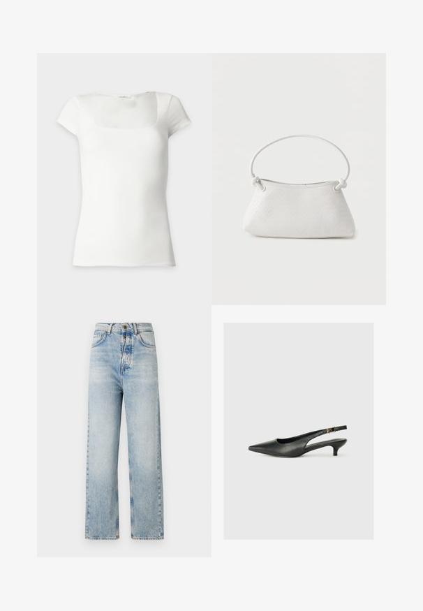 Camiseta blanca ajustada de manga corta con un amplio escote cuadrado sobre un fondo liso y claro.; Jeans de color azul claro con un diseño de pierna recta, fabricados en denim. Presentan cinco bolsillos, un cierre de botón y un desgaste sutil en toda la prenda.; Zapato de tacón slingback negro de punta afilada, hecho de cuero suave. Presenta un tacón delgado y un detalle de hebilla en la correa ajustable.; Bolso de mano de cuero blanco tejido con asa redondeada y extremos de la correa anudados, exhibido sobre un fondo liso.