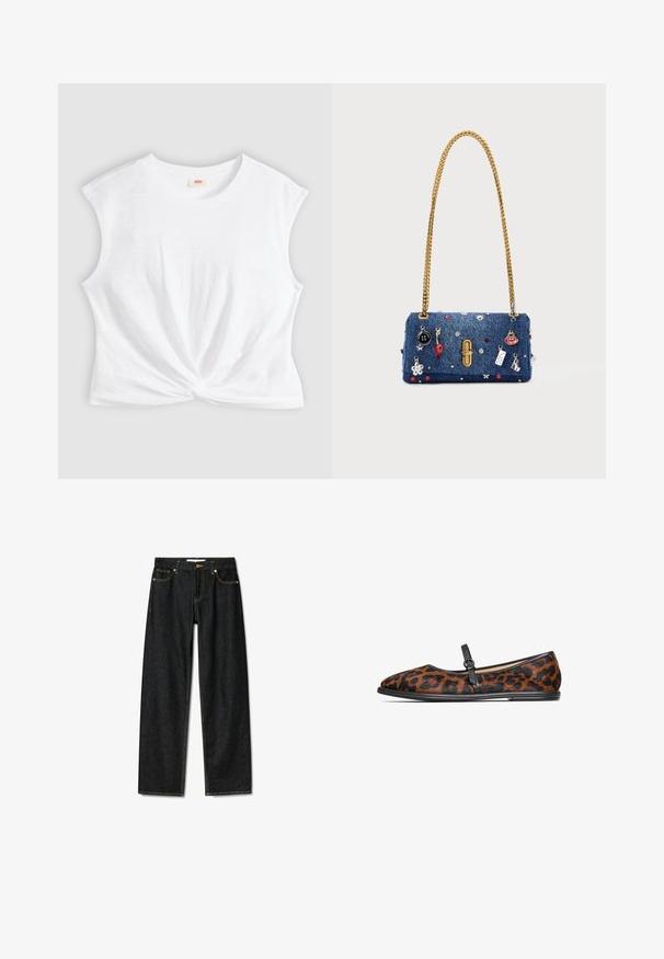 Weißes ärmelloses Oberteil mit rundem Ausschnitt und vorderer Knotendetail, flach auf einem hellgrauen Hintergrund liegend.; Dunkelblaue Jeans mit geradem Schnitt, Messingknopfverschluss und kontrastierenden gelben Nähten. Verfügt über fünf Taschen und eine klassische Passform.; Leopardprint-Ballerinas mit schwarzem Besatz, ausgestattet mit einem Riemen und Schnallen-Details. Weicher Stoff, runde Spitze und schlanke schwarze Sohle.; Jeans-Handtasche mit einem Tragegurt aus goldfarbener Kette. Die Außenseite ist mit dekorativen Anhängern, darunter rote und silberne Akzente, verziert. Rechteckige Form, glatte Oberfläche.