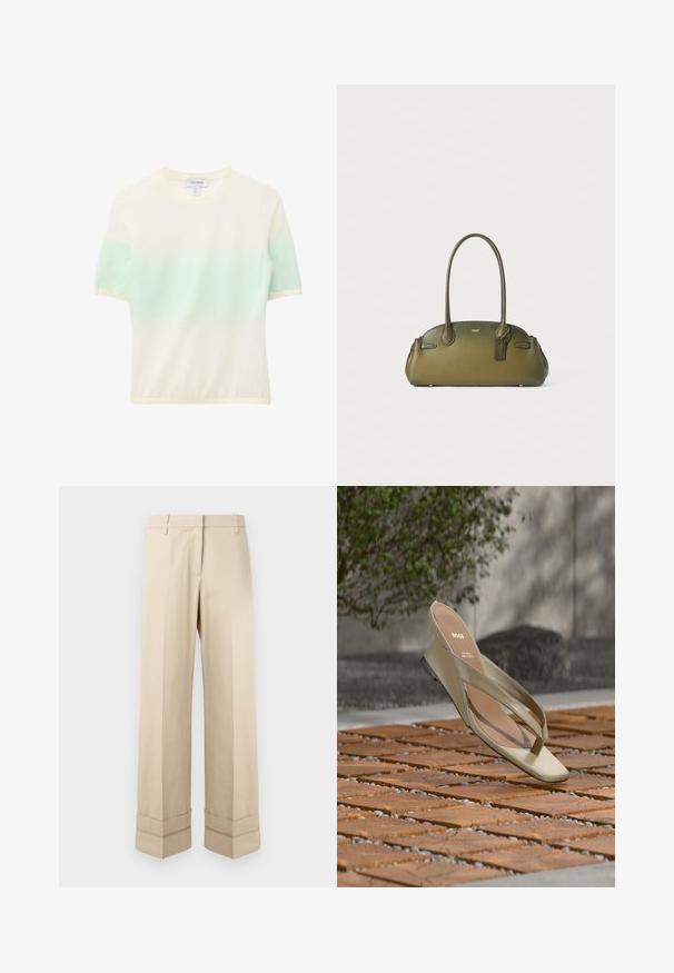 Strikbluse med korte ærmer og en bred horisontal mintgrøn stribe over brystet og de øvre arme på en off-white baggrund.; Beige bukser med lige pasform, der har en dobbelt manchet i kanten og en flad frontdesign. Lavet af glat, slidstærkt stof.; Beige læder tåsandal med BOSS-logo på indersålen, svævende over en terrasse med trælameller og små sten imellem.; Olivengrøn læderhåndtaske med en struktureret form, dobbelthåndtag, diskrete syninger og et mærke fastgjort med en guldkæde.