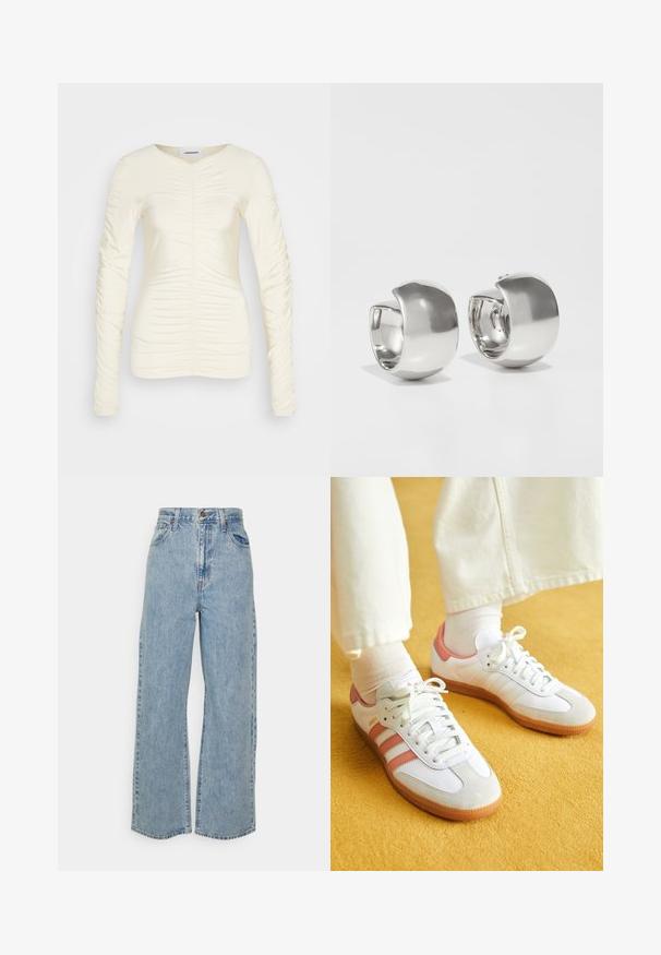 Langærmet creme top med samlet tekstur langs forsiden og ærmerne, V-halsdesign og en tætsiddende silhuet. Glat, strækbart stof.; Lyseblå vidde denimjeans med høj talje, frontknap, lynlås og femlomme-design på ensfarvet baggrund.; Hvide sportsko med lyserøde accenter, lavet af ruskind og læder, rund tå og gummisål, vist med lyse sokker på en gul baggrund.; Uncommon Matters SCULPTURAL LARGE CREOLE - Øreringe - silver-coloured