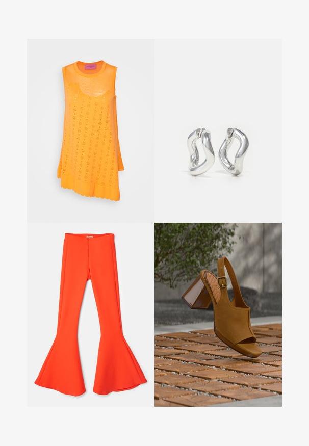Viktor&Rolf HANGING BY A THREAD - Débardeur - orange; Pantalons évasés de couleur orange vif en tissu lisse et extensible. Comprend une taille haute et une fermeture éclair à l'arrière.; Sandale à bride arrière en daim fauve avec un bout fermé et un talon épais brillant. Comprend une boucle rectangulaire et une semelle texturée.; Boucles d'oreilles créoles argentées avec un design torsadé. Bords arrondis et finition brillante. Fermoirs ouverts pour un port facile. Texture lisse sur toute la surface.