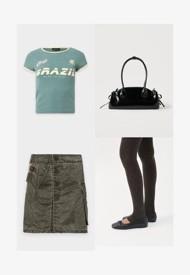 Groen T-shirt met korte mouwen en crème afwerking, met de tekst "BRAZIL HERE TO PLAY" en kleine grafische logo's op de borst.; Olijfgroene rok met knopen aan de voorkant, gemaakt van gestructureerde stof, met een zijzak en stikdetails. Regular fit, knielange ontwerp.; Benen met donkere geribbelde leggings gecombineerd met zwarte ballerina's met kleine strikdetails op een witte achtergrond.; Kleine zwarte glanzende handtas met twee lange hengsels en zijkant trekkoord details op een effen lichte achtergrond.