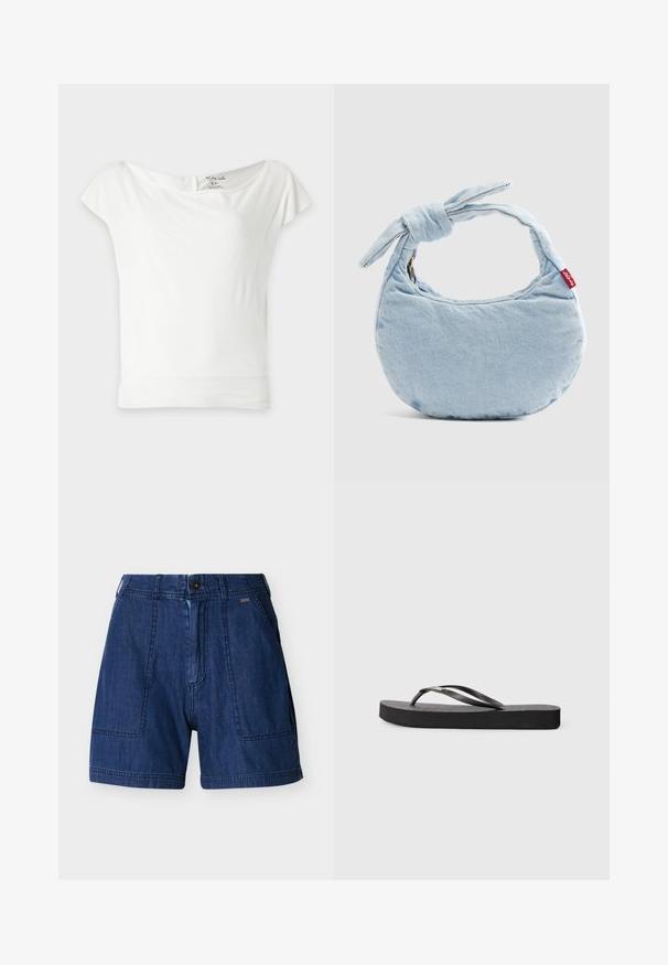 Haut blanc pour femme à manches courtes avec un large col et un ourlet côtelé ajusté, présenté sur un fond uni clair.; Shorts en denim bleu foncé avec poches plaquées à l'avant, passants pour ceinture et fermeture par bouton sur fond blanc.; Tongs en caoutchouc noir avec une semelle plate, un lit de pied texturé et deux brides arrondies. Design minimaliste avec un profil élégant.; Sac à bandoulière en denim bleu clair avec un détail noué sur la poignée et une petite étiquette rouge Levi's sur le côté.