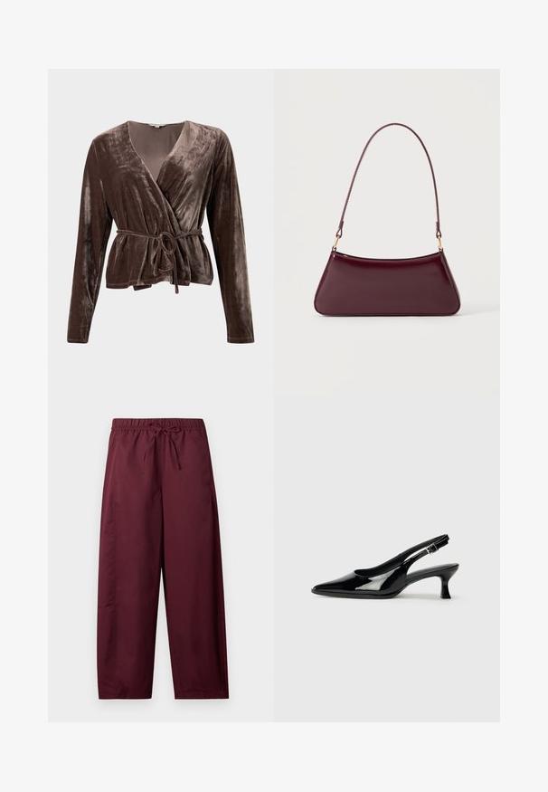 Top de terciopelo marrón con mangas largas, escote en V y cinturilla ajustable. Textura suave con un brillo sutil. Sin patrones visibles ni herrajes.; Pantalones sueltos color granate con cintura elástica y cordón ajustable, piernas rectas, sin bolsillos visibles ni estampados.; Zapatos de charol negro tipo slingback con punta afilada y tacón bajo. Correa ajustable con hebilla en el tobillo.; Bolso brillante de color burdeos oscuro con un asa fina y única y una forma elegante de trapecio sobre un fondo claro y liso.