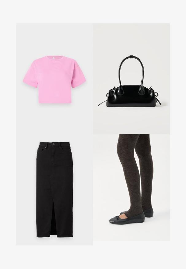 Camiseta corta rosa en un suave material de algodón, con cuello redondo y mangas cortas. Diseño simple, sin patrones ni adornos.; Falda de mezclilla negra con una abertura frontal, diseño de cintura alta y estilo clásico de cinco bolsillos. Textura suave y corte clásico.; Piernas con leggings oscuros acanalados combinados con bailarinas negras que presentan pequeños detalles de lazo sobre un fondo blanco.; Pequeño bolso negro brillante con dos asas largas y detalles de cordón lateral sobre un fondo claro liso.