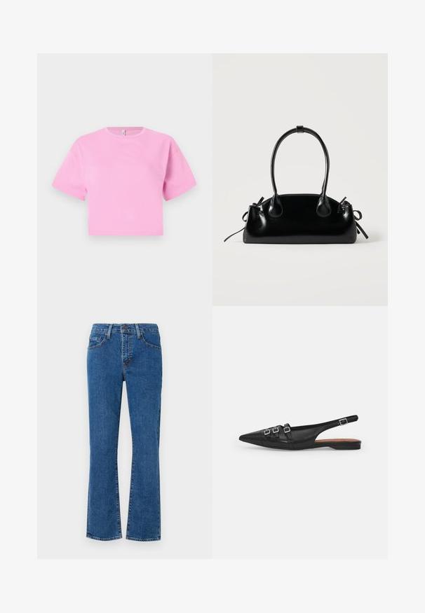 Camiseta corta rosa en un suave material de algodón, con cuello redondo y mangas cortas. Diseño simple, sin patrones ni adornos.; Jeans de mezclilla azul claro con corte recto, diseño de cinco bolsillos y detalles de costura. La tela tiene textura con un ligero desvanecimiento.; Zapato plano slingback de cuero negro con puntera puntiaguda, que presenta dos correas horizontales y hebillas plateadas cuadradas, tacón bajo y textura suave.; Pequeño bolso negro brillante con dos asas largas y detalles de cordón lateral sobre un fondo claro liso.