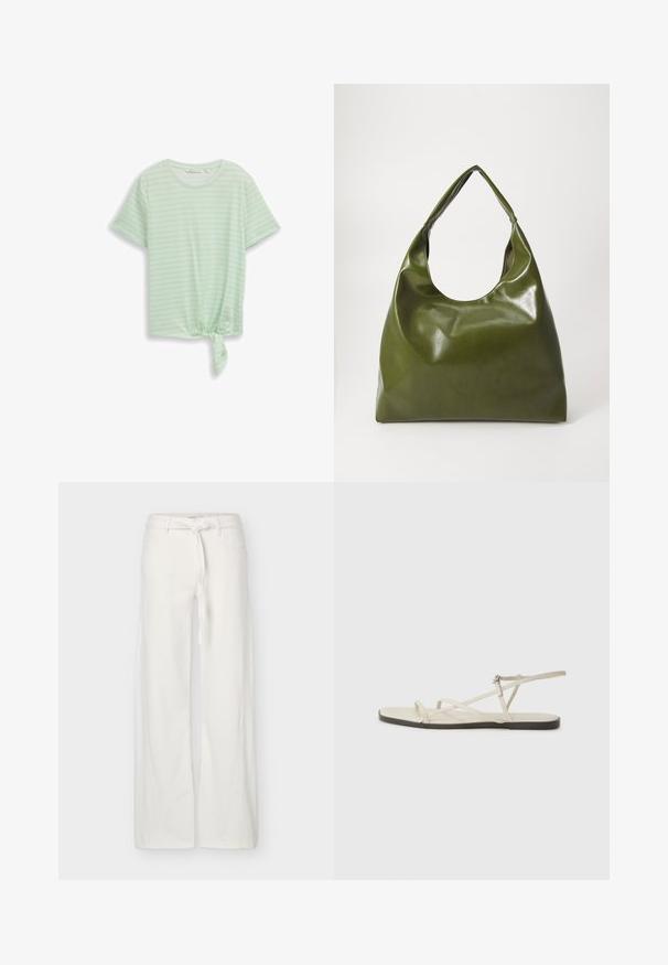 Lichtgroen T-shirt met korte mouwen, voorzien van dunne witte horizontale strepen en een knoopdetail aan de voorkant aan de rechteronderzijde.; Witte broek met wijde pijpen, voorzakken en een stoffen riem gestrikt in de taille, weergegeven op een effen achtergrond.; Beige platte sandaal met meerdere slanke bandjes en een verstelbare gesp. De zool is plat met een lichte donkere contrastering aan de rand.; Groene leren hobotas met een slordig ontwerp, gebogen handvat en een gladde textuur. Bevat geen zichtbare hardware of accenten.