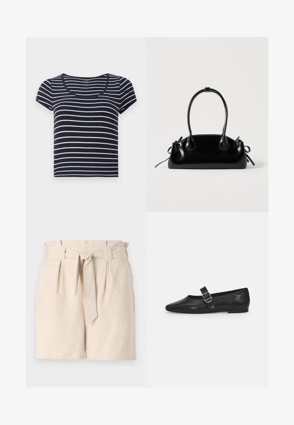 T-shirt à manches courtes rayé bleu marine et blanc avec un décolleté en scoop. Fabriqué en tissu doux, avec des rayures horizontales uniformes de largeurs variées.; Shorts beiges ajustés en tissu léger, dotés d'une ceinture, de plis et d'une coupe droite.; Chaussure plate en cuir noir avec un bout arrondi, une seule sangle réglable à boucle et une texture lisse et brillante. Design minimaliste avec un petit talon.; Petit sac à main noir brillant avec deux longues anses et des détails à cordon sur les côtés sur un fond clair uni.