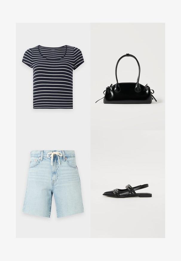 T-shirt à manches courtes rayé bleu marine et blanc avec un décolleté en scoop. Fabriqué en tissu doux, avec des rayures horizontales uniformes de largeurs variées.; Shorts en denim bleu clair avec taille à cordon, ourlet légèrement effiloché et cinq poches. Présente une texture décolorée et des accents de rivets en cuivre.; Even&Odd by Zalando Ballerines à brides arrière - black; Petit sac à main noir brillant avec deux longues anses et des détails à cordon sur les côtés sur un fond clair uni.