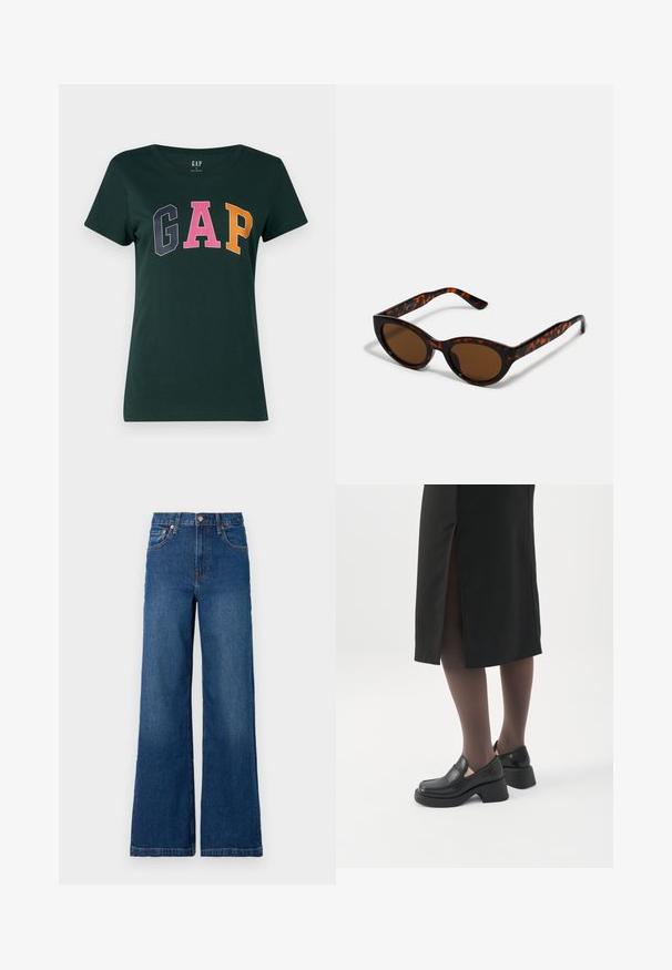 Dunkelgrünes Baumwoll-T-Shirt mit Rundhalsausschnitt, das das Wort "GAP" in großen, mehrfarbigen Blockbuchstaben zeigt: marineblau, rosa und orange.; GAP STRIDE SUTTON - Wide Leg - dark wash; Frau trägt schwarze Loafers mit klobigem Absatz, schwarze transparente Strumpfhosen und einen schwarzen Rock mit Schlitz hinten vor weißem Hintergrund.; Braune Schildpatt-Sonnenbrille mit einer Vintage-Cat-Eye-Form und braunen Gläsern. Verfügt über gebogene Bügel mit roten Akzenten.