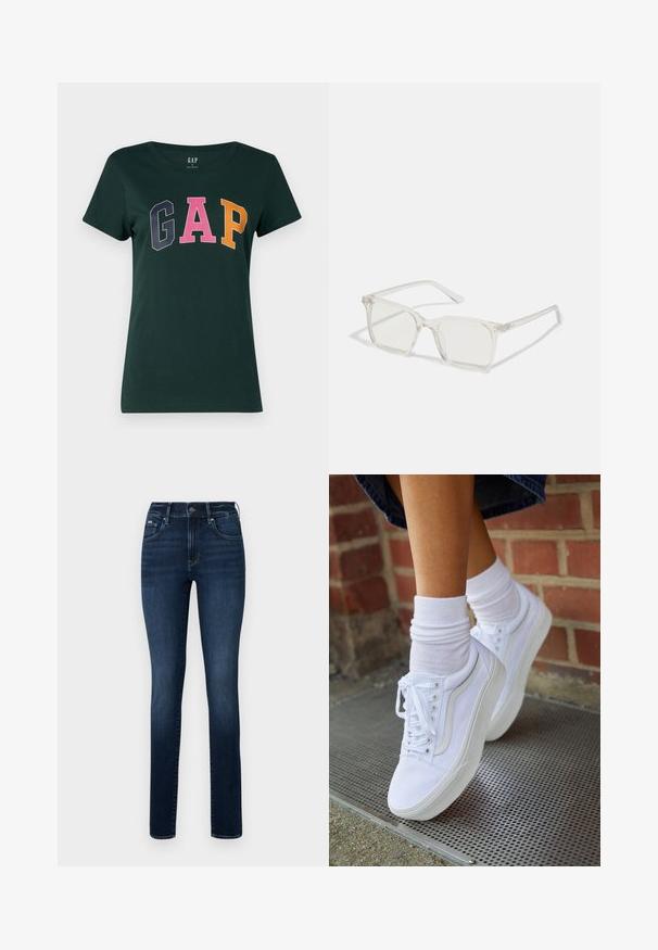 Donkergroene katoenen T-shirt met een ronde hals, met het woord "GAP" in grote, kleurrijke blokletters: marineblauw, roze en oranje.; Donkerblauwe denim jeans met een rechte pijp, vijf zakken en een knoopsluiting op de tailleband.; Witte canvas sneakers met rubberen zolen, voorzien van zes vetertjes, een ronde neus en lichte stikdetails, gecombineerd met witte enkelsokken.; Heldere plastic vierkante monturen met doorzichtige glazen, gekenmerkt door gouden accenten op de slapen voor extra detail.