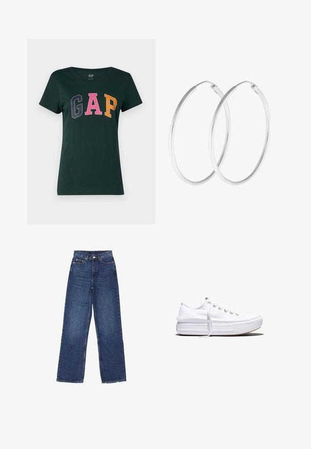 Dunkelgrünes Baumwoll-T-Shirt mit Rundhalsausschnitt, das das Wort "GAP" in großen, mehrfarbigen Blockbuchstaben zeigt: marineblau, rosa und orange.; Weite blaue Jeans mit hoher Taille, Knopfverschluss, fünf Taschen und subtilen Verwaschungen auf dem Stoff.; Weißer Canvas-Sneaker mit niedrigem Schnitt, dicker Plateau-Sohle, vorderer Schnürung und rauer Gummikappe an der Spitze, aus seitlicher Ansicht gezeigt.; Silberfarbene Creolen mit einer glatten, runden Form und einer polierten Oberfläche. Beide Ohrringe haben die gleiche Größe und verfügen über einen sicheren Verschlussmechanismus.