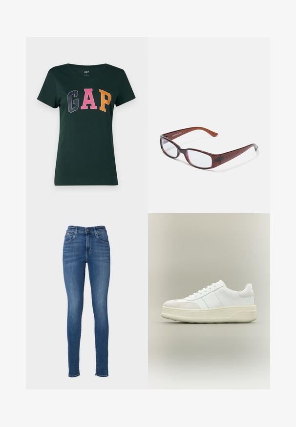 Dunkelgrünes Baumwoll-T-Shirt mit Rundhalsausschnitt, das das Wort "GAP" in großen, mehrfarbigen Blockbuchstaben zeigt: marineblau, rosa und orange.; Schmale blaue Jeans aus Denim-Stoff. Präsentiert eine hohe Taille, ein Fünf-Taschen-Design und einen Metallschlussknopf. Einheitliche Farbe mit leichter Verblassung.; Weißer Sneaker mit niedrigem Schaft, dicker cremefarbener Sohle, Schnürung vorne und Veloursleder-Zehkappen-Detail, auf beigem Hintergrund dargestellt.; Braun getönte rechteckige Brille mit glänzender Oberfläche, schlanken Bügeln und transparenten Gläsern. Logo auf dem linken Bügel sichtbar.