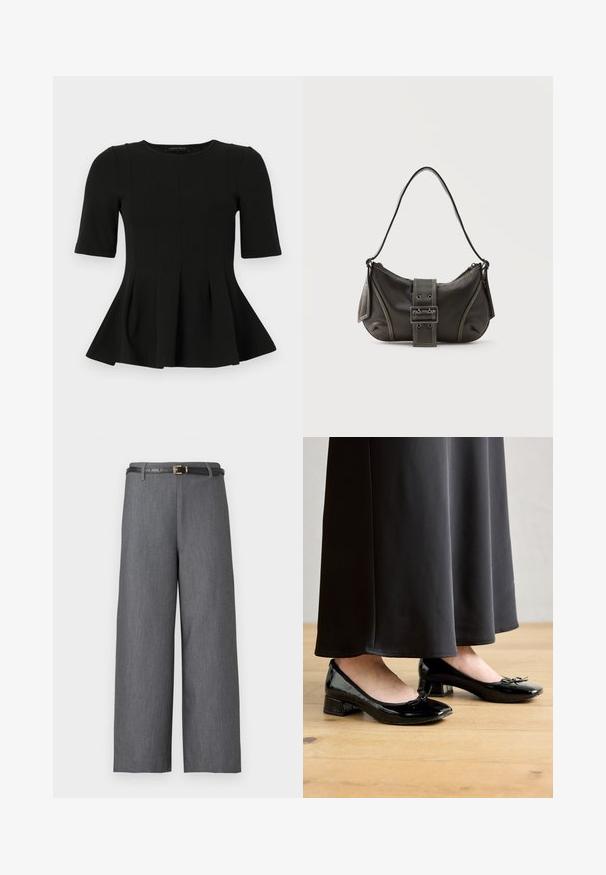 Sort peplum top med korte ærmer og rund udskæring samt lodrette sømdetaljer, vist på en hvid baggrund.; Grå bukser med vide ben og høj talje, kombineret med et slankt sort bælte med en lille guldbuk.; Sorte patentlæder balletflade med en sløjfe accent, lav blokhæm og rund tå, båret med en lang sort nederdel på et trægulv.; Sort læder skuldertaske med spænde på remmen, afrundede kanter og kontrasterende hvide syninger på en ensfarvet baggrund.