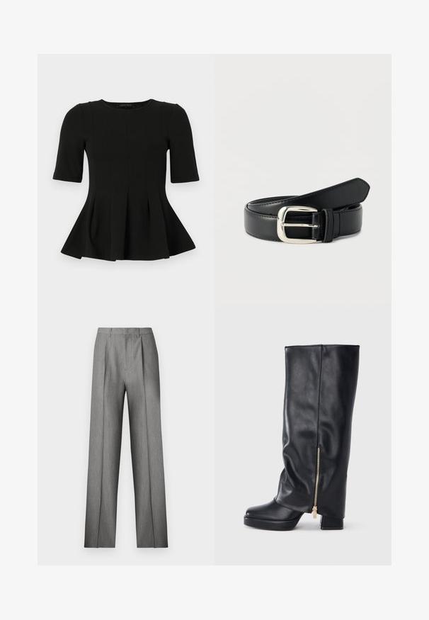 Top en peplum noir à manches courtes avec un col rond et des détails de coutures verticales, présenté sur un fond blanc.; Pantalon gris sur mesure avec un devant plissé, une coupe droite et une texture subtile. Il présente une taille avec passants pour ceinture et aucune poche visible.; Botte en cuir noire montant jusqu'au genou avec talon épais et détail de fermeture éclair dorée sur le côté, sur fond blanc.; Ceinture en cuir noir avec boucle rectangulaire en argent, enroulée et posée sur une surface blanche.
