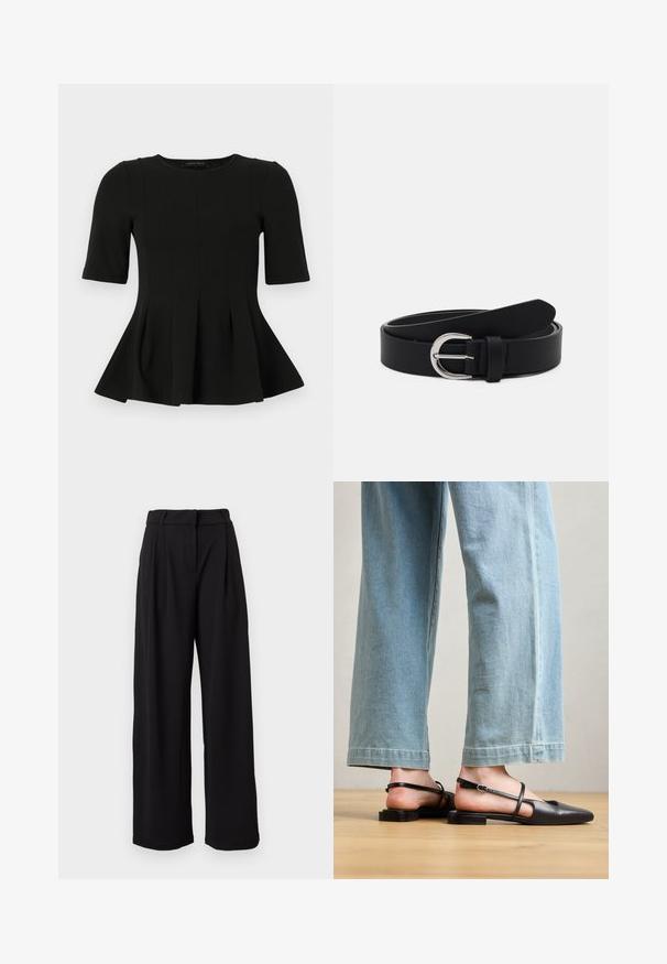 Top peplum negro de manga corta con escote redondo y detalles de costura vertical, presentado sobre un fondo blanco.; Pantalones negros de talle alto y pierna ancha con trabillas para cinturón y cierre delantero con cremallera, mostrados sobre un fondo blanco.; Zapatos slingback de cuero negro con punta afilada, tacón plano y tira en el tobillo; llevados con jeans de pierna ancha en azul claro.; Cinturón de cuero negro con una hebilla redonda plateada, diseño plano, extremo cónico, textura suave y estilo minimalista.
