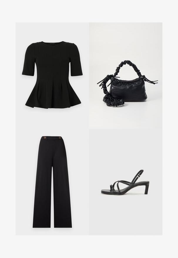 Sort peplum top med korte ærmer og rund udskæring samt lodrette sømdetaljer, vist på en hvid baggrund.; Sorte bukser med vide ben og høj talje, der har to brune knapper og et glat, tekstureret stof. Ingen mønstre eller yderligere accenter.; Sort remsandale med firkantet tå og en lav blokeret hæl. Har flere tynde stropper og en justerbar ankelrem. Fremstillet af glat læder.; Sort kunstlæder håndtaske med krokodilteksur, indsnøret top og en sammenkrøben rem. Ser blød og kompakt ud i designet.