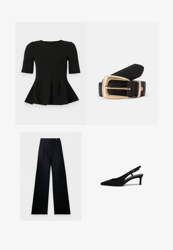 Schwarzes kurzärmliges Peplum-Oberteil mit rundem Ausschnitt und vertikalen Nahtdetails, vor einem weißen Hintergrund präsentiert.; Schwarze, weit geschnittene Anzughose mit hoher Taille, vorderem Knopfverschluss und Gürtelschlaufen, vor weißem Hintergrund dargestellt.; Schwarzer Wildlederslingback-Schuh mit spitzem Zehenbereich, niedrigem Absatz, offenen Seiten und verstellbarem Riemen mit einer Metallschnalle. Glatte Textur.; Schwarzer Ledergürtel mit einer goldenen rechteckigen Schnalle. Der Gürtel hat eine glatte Textur und eine dezente Naht entlang der Kanten.