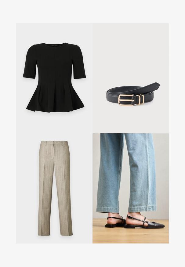 Top peplum negro de manga corta con escote redondo y detalles de costura vertical, presentado sobre un fondo blanco.; Pantalones beige con rayas finas, diseño de pierna recta, cintura estructurada y textura sutil en toda la tela.; Zapatos slingback de cuero negro con punta afilada, tacón plano y tira en el tobillo; llevados con jeans de pierna ancha en azul claro.; Cinturón de cuero negro enrollado con una hebilla rectangular dorada y dos pasadores de cinturón dorados a juego sobre un fondo claro.