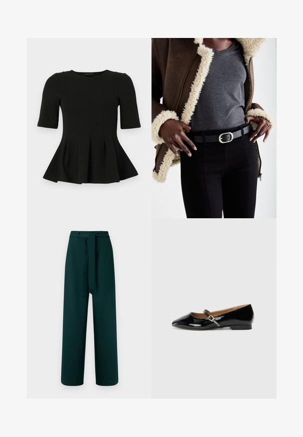 Top peplum negro de manga corta con escote redondo y detalles de costura vertical, presentado sobre un fondo blanco.; Pantalones verdes de diseño de pierna ancha, con trabillas para cinturón, cinturón de tela atado y textura suave; cuentan con cintura alta y sin patrón visible.; Zapato plano de charol negro con punta afilada, tira en el tobillo con hebilla de tono dorado y tacón bajo tipo bloque. Acabado suave y brillante.; Chaqueta de piel sintética marrón forrada de borrego, camiseta gris de cuello en V, cinturón negro con hebilla ovalada de plata, jeans negros ajustados, materiales texturizados y diseño en capas.