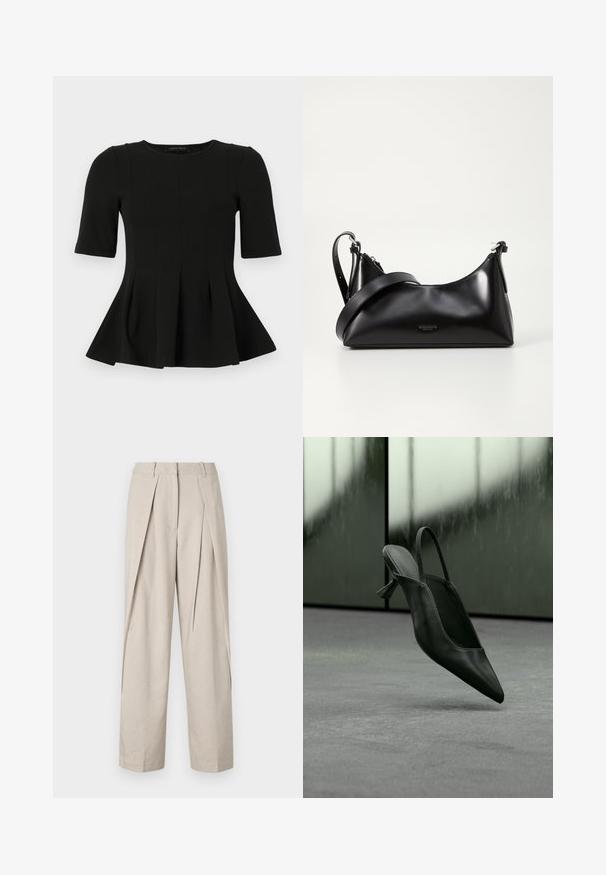 Top en peplum noir à manches courtes avec un col rond et des détails de coutures verticales, présenté sur un fond blanc.; Pantalons beige sur mesure avec devant plissé, jambes larges et texture lisse. Comprend une taille classique et des poches latérales.; Escarpin à talon haut en cuir noir avec bride arrière et bout pointu, flottant au-dessus d'un sol recouvert de moquette grise, mur verdâtre flou en arrière-plan.; Sac à main en cuir noir avec une texture lisse. Dispose d'une bandoulière adjustable et d'un design élégant et minimaliste avec une fermeture éclair.