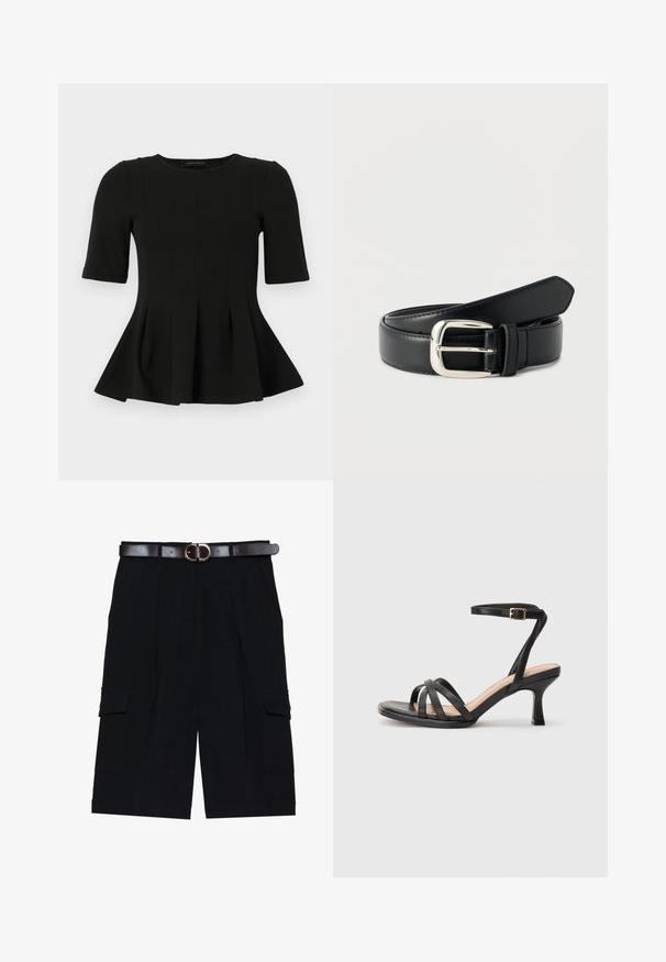 Sort peplum top med korte ærmer og rund udskæring samt lodrette sømdetaljer, vist på en hvid baggrund.; Sorte cargo shorts lavet af letvægtsstof, med lige snit, sidelommer og et brunt læderbælte med en sølvspænde.; Sorte høje hæle sandaler med flere tynde stropper over tæerne, en enkelt ankelstrop med en gylden spænde og en firkantet tå.; Sort læderbælte med sølvrektangulært spænde, rullet sammen og liggende på en hvid overflade.
