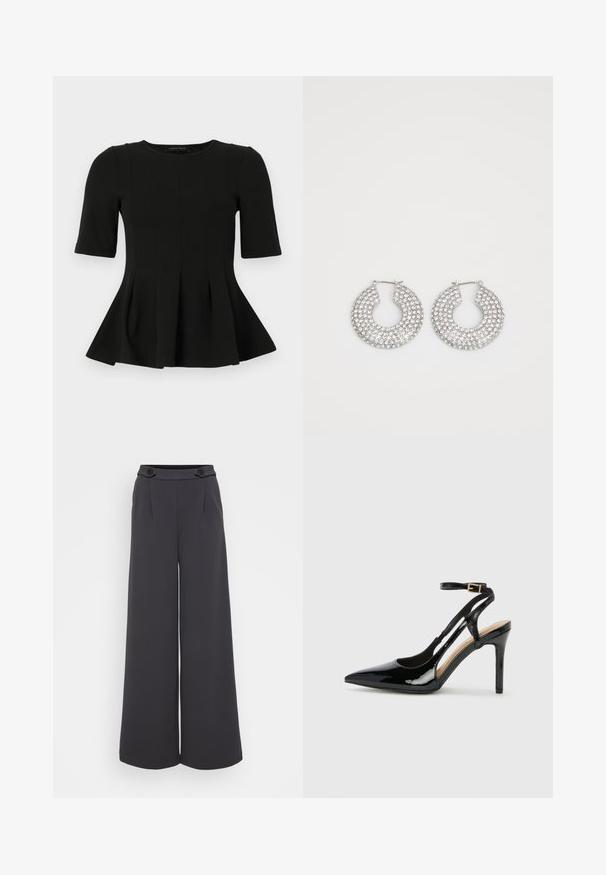 Sort peplum top med korte ærmer og rund udskæring samt lodrette sømdetaljer, vist på en hvid baggrund.; Bredbenede bukser i mørkegrå stof. Har læg foran og to dekorative knapper i taljen. Glat tekstur og skræddersyet pasform.; Sorte laklæder højhælede slingback-sko med spids tå, justerbar ankelrem og åben sider. Glat tekstur.; Sølvøreringe med flere klare krystaludsmykninger, med en struktureret overflade og et åbent rundt design.