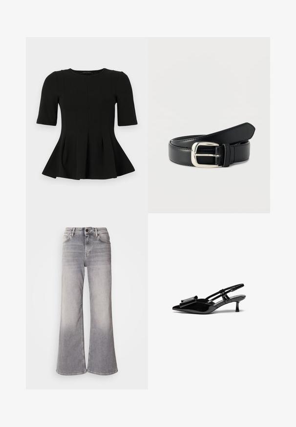 Čierny krátky rukáv peplum top s okrúhlym výstrihom a vertikálnym švom, zobrazený na bielom pozadí.; Mos Mosh HERA - Zvonové džínsy - grey; Čierne lakované kožené slingback opätky s špicatou špičkou, mašľou na prednej strane a malým ihličkovým podpätkom. Popruhy majú nastaviteľné spony.; Čierny kožený opasok so striebornou obdĺžnikovou prackou, zrolovaný a položený na bielom povrchu.