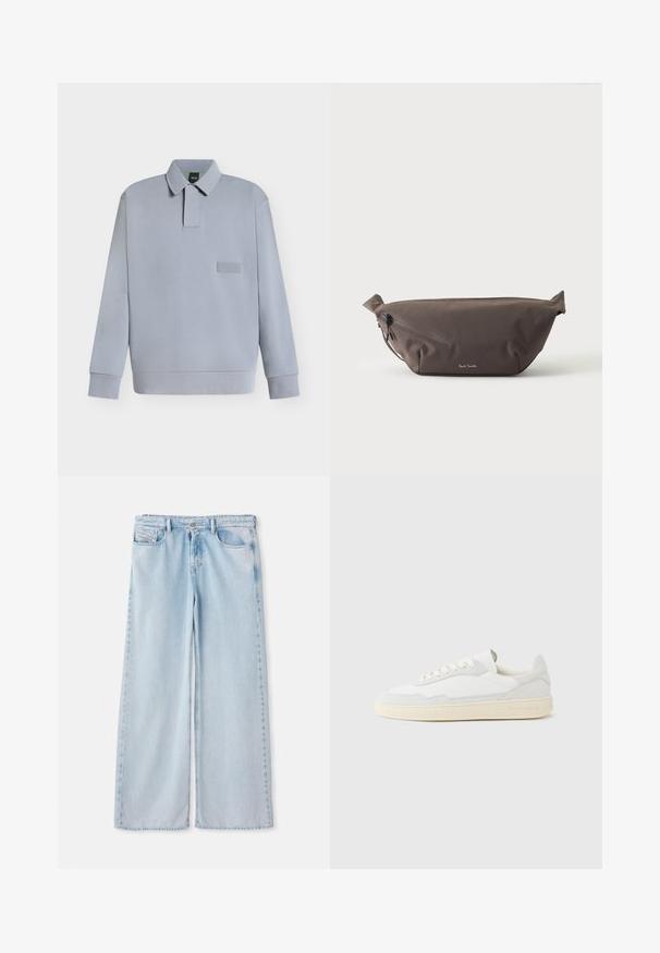 Lichtgrijs langemouwenpoloshirt met kraag, verborgen knoopsluiting, geribde boorden en een klein geperst "BOSS" label op de borst.; Lichtblauwe spijkerbroek met wijde pijpen en een klassiek vijf-pocketontwerp, voorzien van een standaard tailleband en een onafgewerkte zoom. Zachte denimtextuur met lichte vervaging.; Witte sneaker met een bovenwerk van gestructureerd suède en leer. Voorzien van een afgeronde neus, vetersluiting en een contrasterende beige rubberen zool.; Donkerbruine stoffen heuptas met diagonale ritssluiting en klein wit logo aan de voorkant, tegen een effen lichte achtergrond.