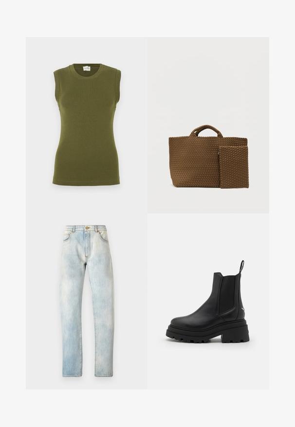 Mouwloos oliën groen tanktop gemaakt van een gladde, rekbare stof. Heeft een ronde halslijn en een getailleerd silhouet zonder zichtbare naden.; Lichtblauwe spijkerbroek met een rechte snit, vijf zakken en een knoopsluiting. Verbleekte textuur over de hele broek, met gedetailleerde stiksels op de naden.; Zwarte chelsea laarzen van glad leer met elastische zijpanelen, een dikke, geribbelde rubberen zool en een aantrekbandje aan de achterkant.; Bruine gevlochten boodschappentas met twee handvatten en een afneembaar ritsvakje. Gestructureerd patroon en rechthoekige vorm, geschikt voor dagelijks gebruik.