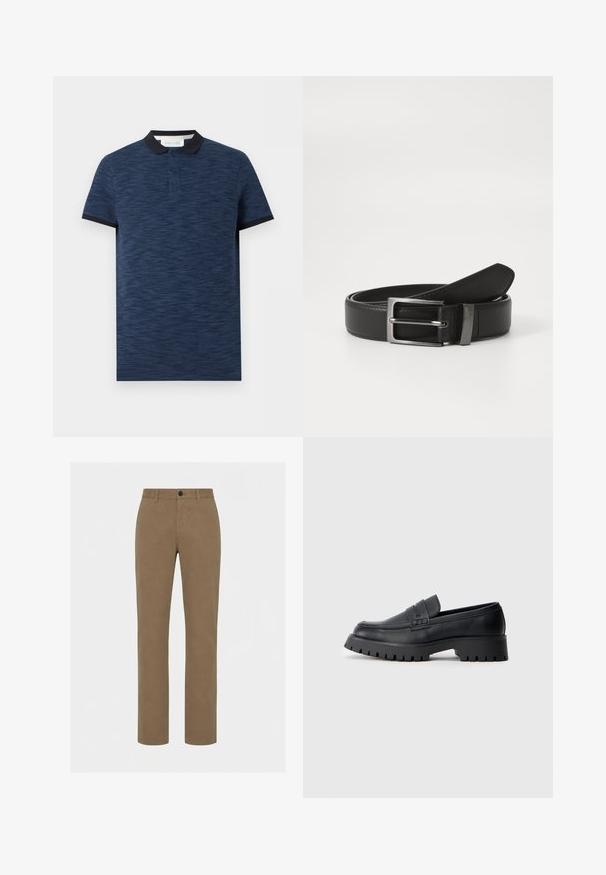Polo bleu marine à manches courtes avec un motif texturé subtil, col et poignets noirs, et patte de boutonnage à deux boutons.; Pantalon marron droit avec passants de ceinture, bouton devant et fermeture éclair sur un fond clair uni.; Mocassins en cuir noir avec un bout arrondi, présentant une sangle décorative et une semelle en caoutchouc épaisse avec de profonds crampons pour une meilleure adhérence.; Ceinture en cuir noir avec une boucle en métal argenté, présentant une finition lisse et un design classique. La ceinture est soigneusement pliée.