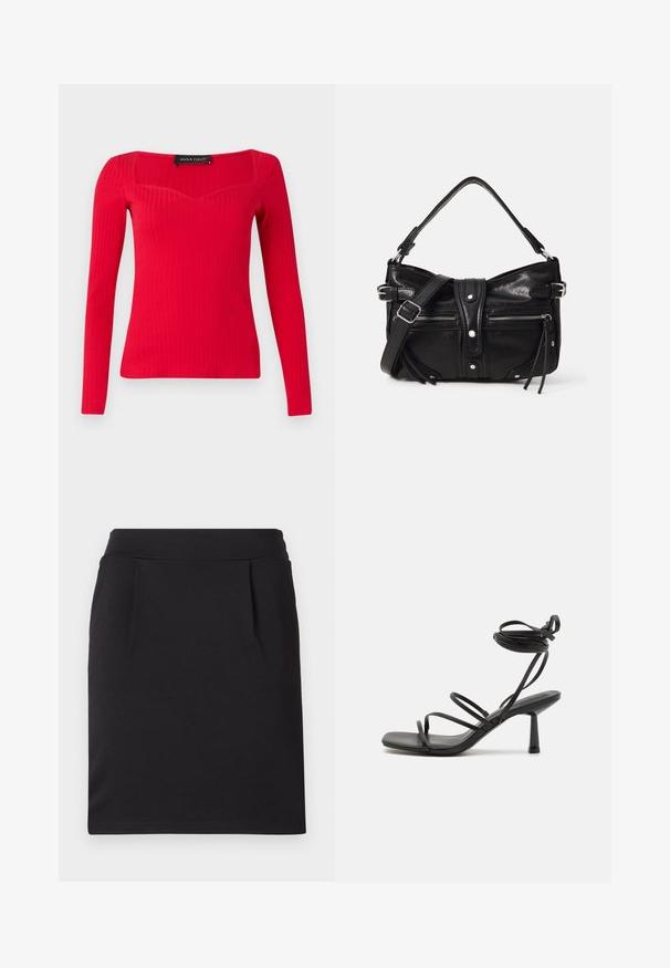 Haut à manches longues rouge côtelé avec un décolleté carré et une forme légèrement en cœur. Fabriqué en tissu extensible pour une silhouette ajustée.; Jupe crayon noire longueur genou avec une large ceinture et de subtils plis devant, faite en tissu lisse.; Sandale noire à lanières avec un bout carré, des liens de cheville réglables et un talon carré fin. Fabriquée en un matériau lisse et durable.; Even&Odd by Zalando H24462 - Sac à main - black