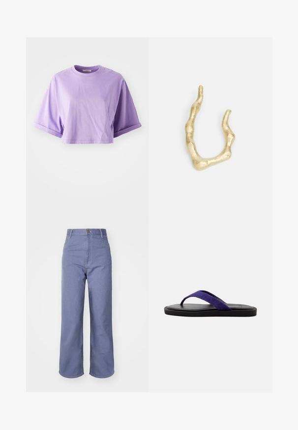 Camiseta corta de manga corta en algodón de color morado claro. Presenta un cuello redondo y puños enrollados, con una textura suave y un detalle mínimo.; Vaqueros de pierna ancha en azul claro, confeccionados en denim, que presentan una cintura alta, cierre frontal con botón y costuras visibles en los bolsillos y las costuras.; Chancla negra con una gruesa tira de tela morado oscuro, suela plana, mostrada de lado sobre un fondo blanco liso.; Anillo de tono dorado con un diseño irregular y ondulado. Presenta una superficie texturizada y espesores variables, que se asemejan a formas orgánicas.