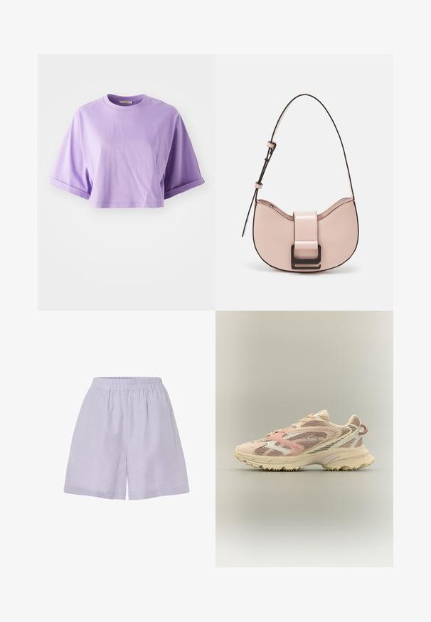 Camiseta corta de manga corta en algodón de color morado claro. Presenta un cuello redondo y puños enrollados, con una textura suave y un detalle mínimo.; Pantalones cortos de lavanda clara hechos de una tela suave, con una cinturilla elástica y un corte relajado, presentando un diseño simple y sin adornos.; Zapatilla de correr con parte superior de malla en tonos rosa, beige y crema, refuerzos sintéticos, suela gruesa y suela texturizada para agarre, vista lateral.; Pequeño bolso de piel rosa curvado con un acabado brillante, que presenta una correa de acento negra y un gran cierre de broche negro. Diseño cruzado.