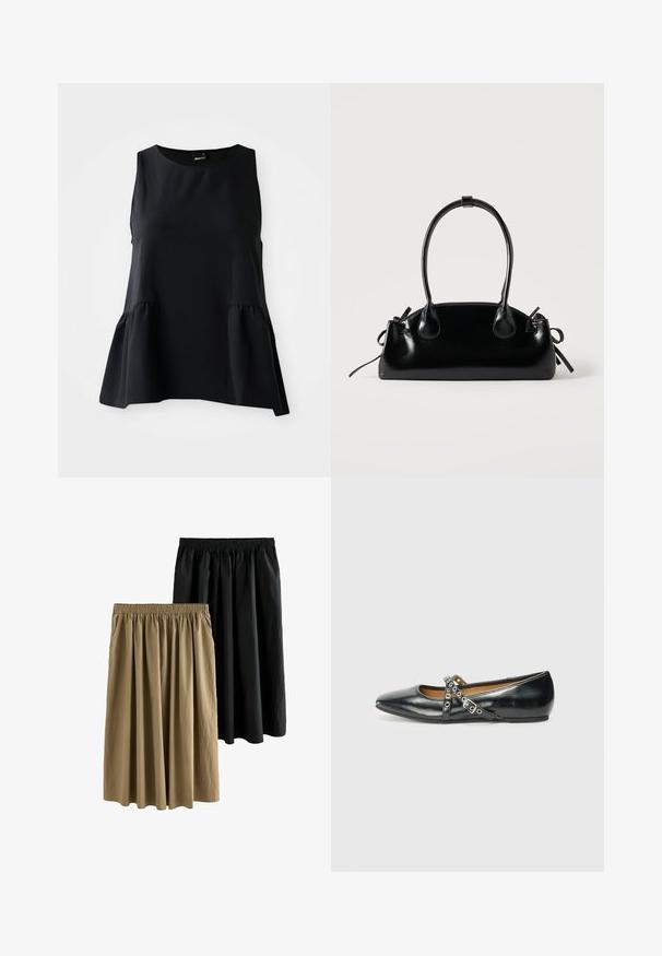 Sort peplum-top med ærmeløs design, glat tekstur, rund halsudskæring og samlede stof ved taljen for ekstra volumen.; To knælange nederdele: en sort og en khaki. Begge har en elastisk talje og et flydende design med blødt, struktureret stof.; Sorte ballerinaer med spids tå og dekorative krydsede stropper med sølvøjer, placeret på en ensfarvet hvid baggrund.; Lille sort blank håndtaske med to lange håndtag og snøre-detaljer i siden på en ensfarvet lys baggrund.