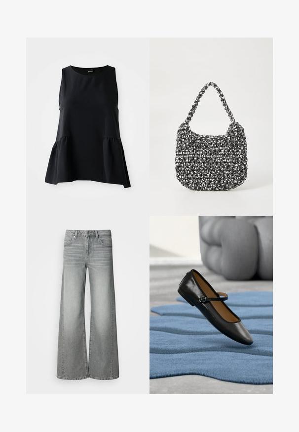 Čierny peplum top s bezrukávovým dizajnom, hladkou textúrou, okrúhlym výstrihom a nariaseným materiálom v oblasti pásu pre väčší objem.; Sivé široké džínsy s vysokým pásom, predným gombíkom a zipsom, prednými a zadnými vreckami, zobrazené na jednoduchom bielom pozadí.; Čierna kožená topánka Mary Jane s remienkom na pracku, umiestnená na textúrovanej modrej koberci, na pozadí rozmazaná sivá čalúnená pohovka.; Tkaná kabelka v čierno-bielej kombinácii s oválnym tvarom, textúrovaným povrchom a pletenou rúčkou. Vhodná na bežné nosenie.