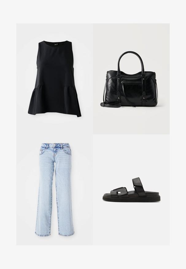 Sort peplum-top med ærmeløs design, glat tekstur, rund halsudskæring og samlede stof ved taljen for ekstra volumen.; Lyseblå denimjeans med en afslappet pasform, lige ben og subtilt slid. Har fem lommer og bæltestropper. Distressed kantdetalje.; Sorte læder slidesandaler med et bredt stropdesign med geometriske udskæringer og en tekstureret finish, suppleret med en tyk gummisål.; Sort læderhåndtaske med dobbelte håndtag, front lynlåslomme, dekorative stropper og aftagelig skulderrem på lys baggrund.