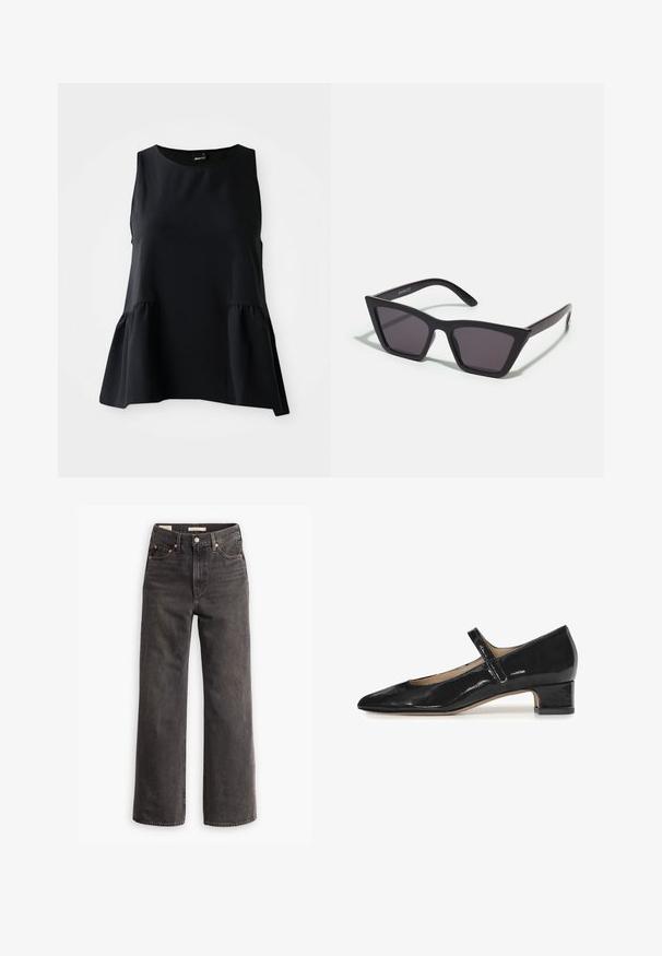 Top peplum negro con diseño sin mangas, textura suave, escote redondo y tejido fruncido en la cintura para añadir volumen.; Jeans de tiro alto y pierna ancha en denim gris oscuro, con bolsillos frontales, remaches de cobre en contraste y un acabado limpio sin adornos.; Zapato Mary Jane de charol negro con punta afilada y un tacón bajo en bloque. Presenta una única correa ajustable sobre el empeine.; Gafas de sol negras y angulares con lentes grises; fabricadas en plástico, con varillas gruesas de superficie suave y sin herrajes visibles.
