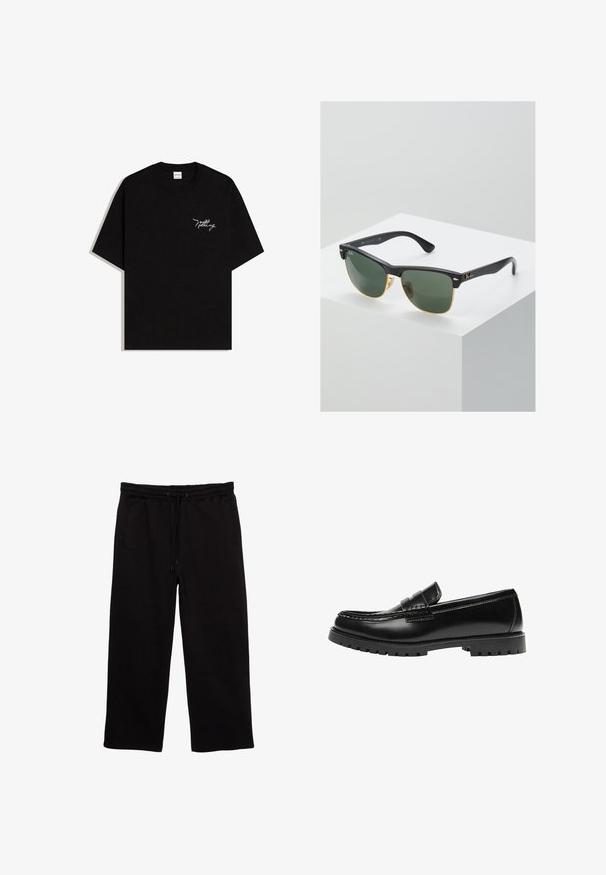 T-shirt noir à manches courtes avec le texte cursif blanc "Nothing" sur le côté gauche de la poitrine et un col rond.; Pantalons de survêtement noirs en tissu doux, avec une taille élastique et un cordon de serrage, deux poches latérales et une coupe décontractée.; Mocassin en cuir noir avec une semelle en caoutchouc épaisse et un détail classique de bride à monnaie, vu de côté extérieur.; Lunettes de soleil Ray-Ban avec des verres verts, monture en plastique noir et accents dorés sur les bords. Forme carrée avec une finition mate.