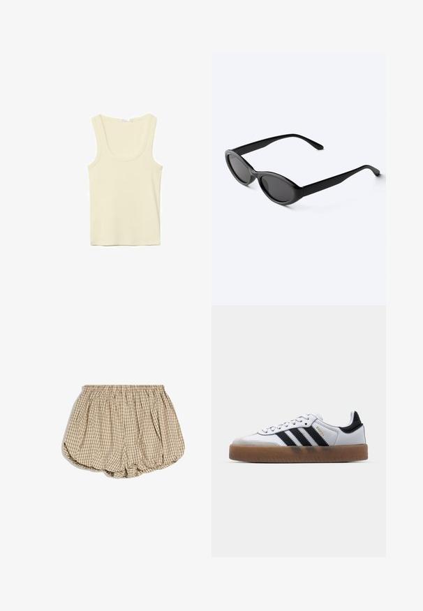 Débardeur sans manches couleur crème avec encolure dégagée et coutures simples, présenté sur un fond blanc.; Culottes à taille élastique beige et noire à carreaux, avec un tissu froncé et volumineux et une silhouette arrondie en forme de ballon sur fond blanc.; Baskets en cuir blanc avec des rayures noires, semelle extérieure en caoutchouc beige, bout rond, fermeture lacée et embout en suède gris doux.; Lunettes de soleil ovales noires et élégantes avec des verres foncés et des branches droites, posées sur une surface blanche.