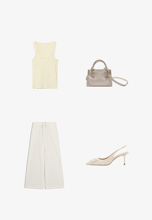 Débardeur sans manches couleur crème avec encolure dégagée et coutures simples, présenté sur un fond blanc.; Pantalon blanc à jambes larges avec taille haute, cordon de serrage et détail de panneau avant superposé, posé à plat sur fond blanc.; Escarpin beige à bride arrière avec bout pointu, talon aiguille de hauteur moyenne et boucle rectangulaire sur le devant.; Petit sac à main en cuir beige avec poignées supérieures et bandoulière détachable, équipé de ferrures dorées et d'une forme rectangulaire structurée.