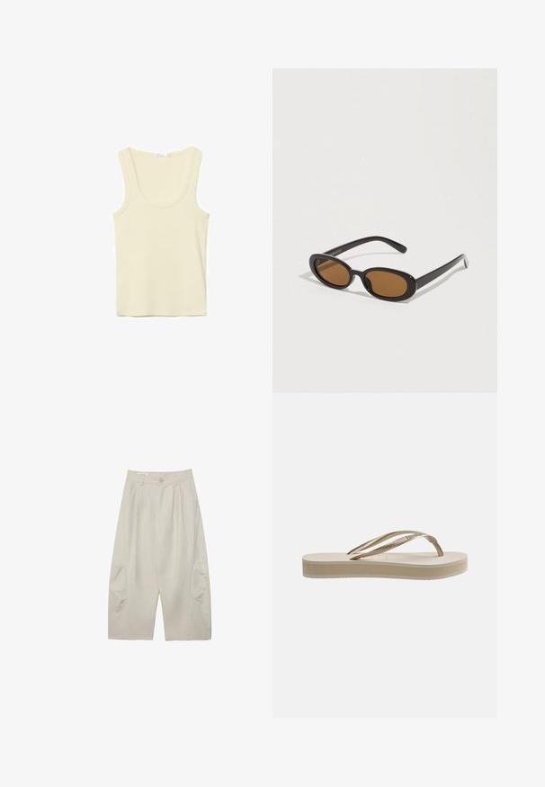 Débardeur sans manches couleur crème avec encolure dégagée et coutures simples, présenté sur un fond blanc.; Pantalon beige clair à jambes larges et raccourci, avec fermeture à bouton et glissière, poches latérales et passants pour ceinture sur fond blanc.; Sandale tongs beige avec semelle texturée et bride en forme de Y métallique dorée sur fond blanc.; Lunettes de soleil avec des verres ovales marron, monture en plastique noir et branches fines. Texture lisse avec un design minimaliste.