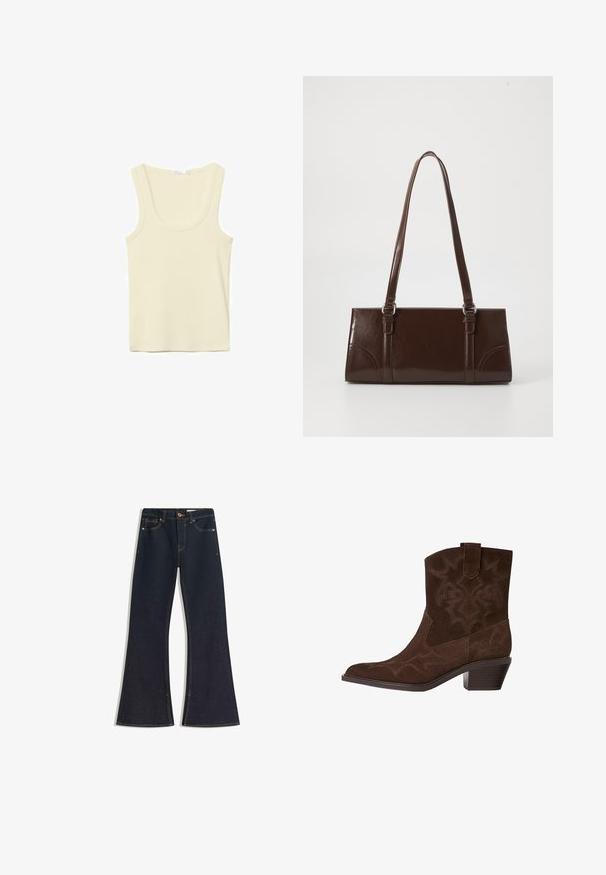 Kremfarvet ærmeløs tanktop med rund halsudskæring og enkel syning, vist på en hvid baggrund.; Mørke denim flare jeans med høj talje, kontrastsyede sømme, knaplukning og fire lommer. Buksebenene bliver bredere ved kanten.; Brune ruskinds cowboystøvle med spids tå, dekorative syninger, ankelhøjde og en stablet hæl. Har en pull tab for nem påtagning.; Brun lakeret håndtaske med rektangulær form, to lange håndtag og subtile buede detaljer på fronten.