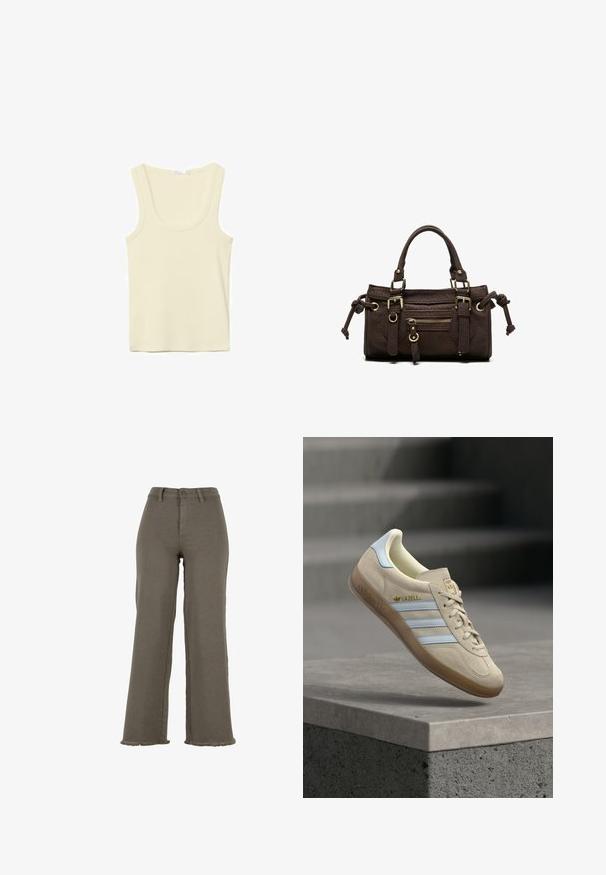 Débardeur sans manches couleur crème avec encolure dégagée et coutures simples, présenté sur un fond blanc.; Pantalon large taille haute vert olive avec fermeture par bouton et fermeture éclair, passants de ceinture et ourlets effilochés.; Baskets en daim beige avec des rayures bleu clair, dotées d'une semelle en gomme, du logo doré "Gazelle" et d'un design classique à lacets, posées sur une surface grise.; Sac à main en cuir marron foncé avec double poignée, poche avant zippée, boucles décoratives et nœuds latéraux sur fond blanc.