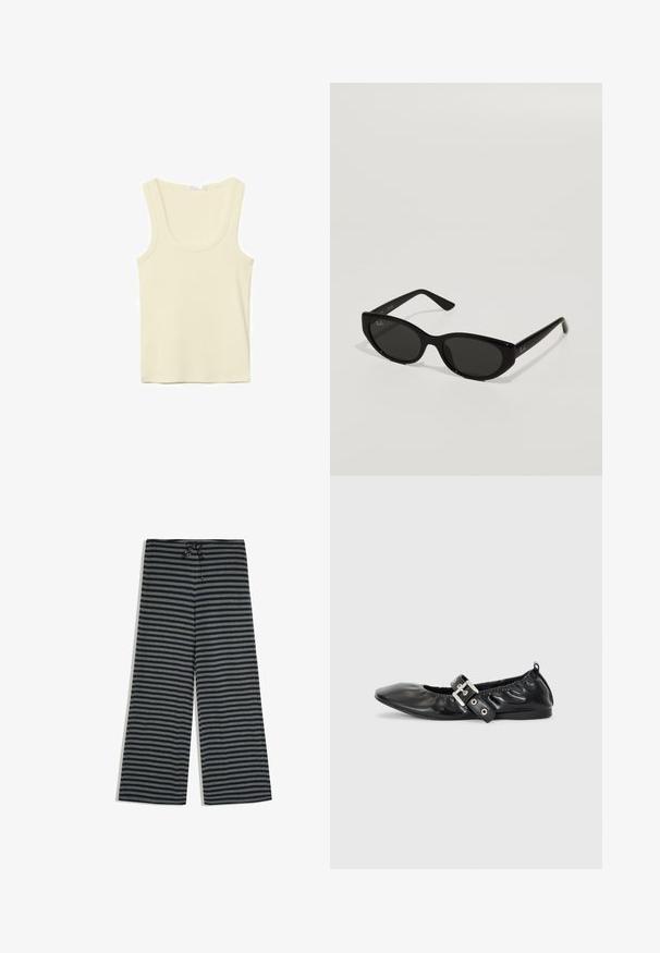 Débardeur sans manches couleur crème avec encolure dégagée et coutures simples, présenté sur un fond blanc.; Pantalon à jambes larges avec des rayures horizontales noires et grises et un cordon noir à la taille sur fond blanc.; Chaussure plate en cuir noir avec un nez pointu, des détails froncés autour de l'ouverture et un accent en boucle argentée sur la bride ajustable.; Lunettes de soleil noires avec une forme étroite et en œil de chat. Fabriquées en plastique lisse, elles présentent des verres foncés et de subtils accents de logo sur les branches.